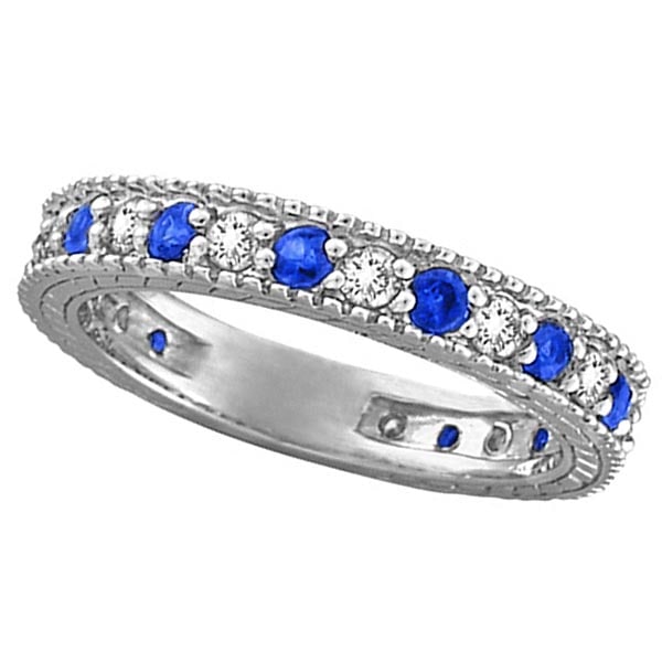 Diamond and Blue Sapphire Anniversary Ring Band in 14k White Gold 1.08 ctw (1 of 2)