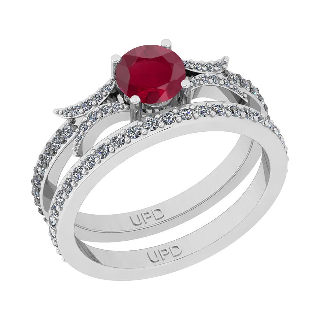 1.01 Ctw SI2/I1Ruby And Diamond 14K White Gold Anniversary Set Band Ring: Center Stone Weight : 0.50 Ctw ( Round Cut) Center Stone Color :-Ruby Stone Setting : Prong Side Stone Weight Of Ctw 0.51 Ctw Side Stone Color : J-K Stone Clarity : SI2/I1 Stone Setting : Prong Metal