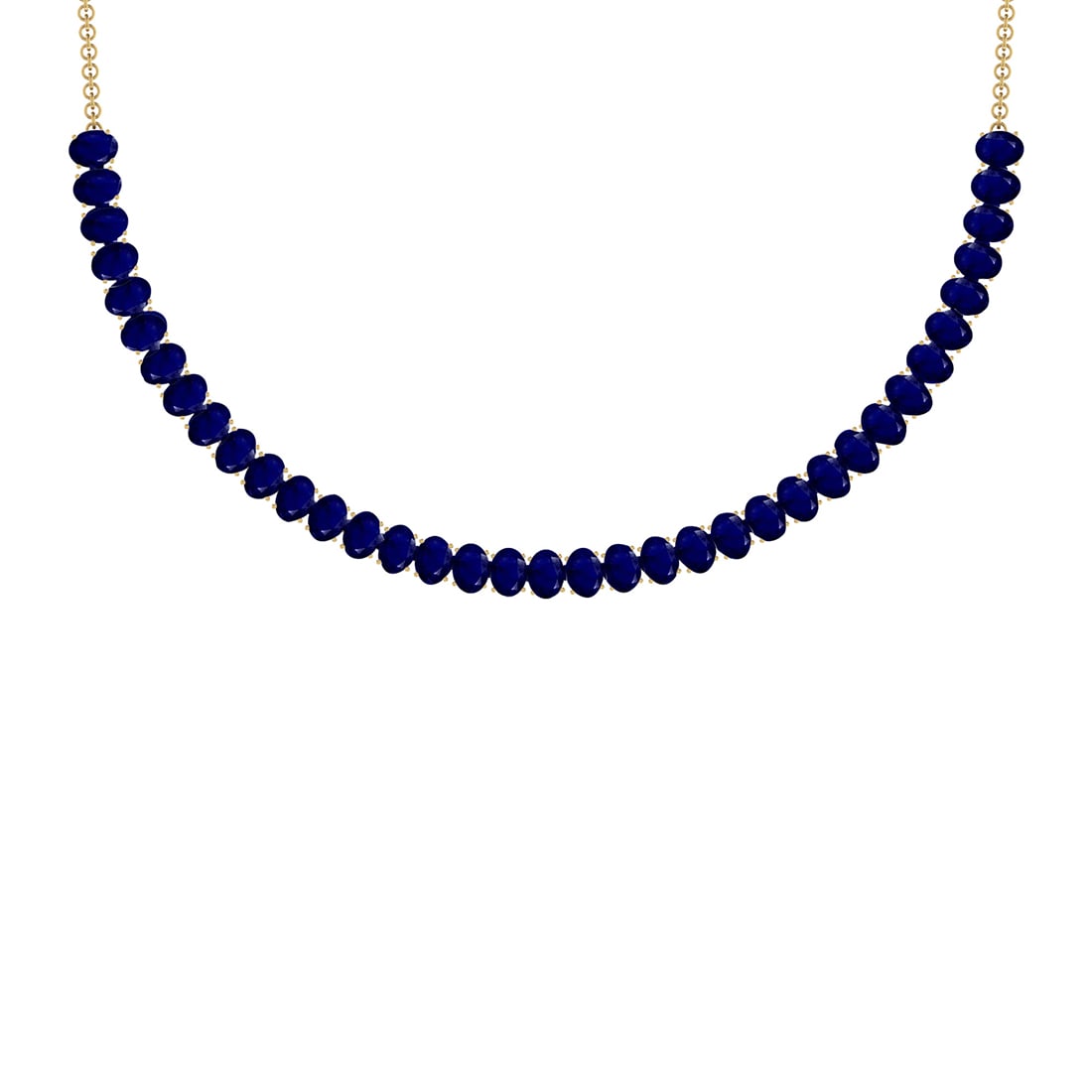 48.75 Ctw Blue sapphire 14K Yellow Gold Necklace: Center Stone Weight : 48.75 Ctw ( Oval Cut) Center Stone Color :-Blue sapphire Stone Setting : Prong Metal Weight : Approx 19.30 Gram 14K Yellow Gold Ladies fashion Necklace Size :- 16 Inches