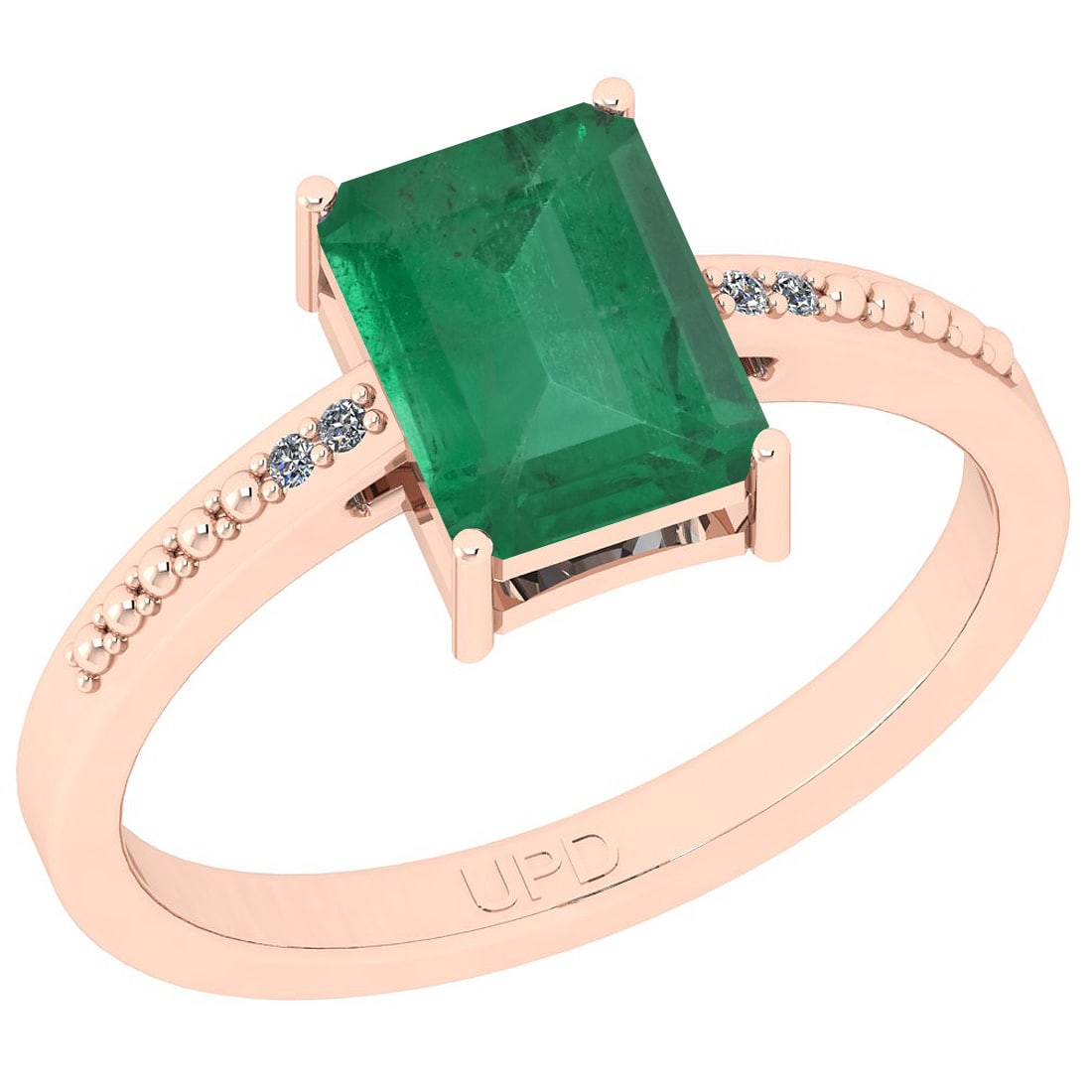 2.54 Ctw SI2/I1 Emerlad And Diamond 14K Rose Gold Ring: Center Stone Weight : 2.52 Ctw (Emerlad Octo) Center Stone Color :-Emerlad Center Stone Setting : Prong Side Stone Weight Of Ctw 0.02 Ctw Side Stone Color : J-K Stone Clarity : SI2/I1 Stone Setting :