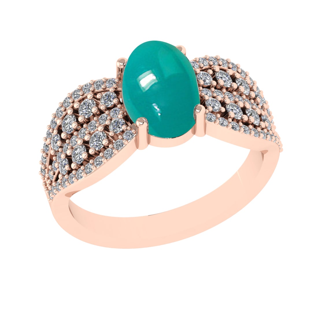 2.55 Ctw VS/SI1Emerald and Diamond 14K Rose Gold Engagement Ring: Color Stone Weight : 1.93 Ctw (Oval Cab) Stone Color :- Emerald Center Stone Setting : Prong Side Weight Of Ctw 0.62 Ctw Color : J-K Clarity : VS/SI1 Stone Setting : Prong Metal Weight : Approx 4.40