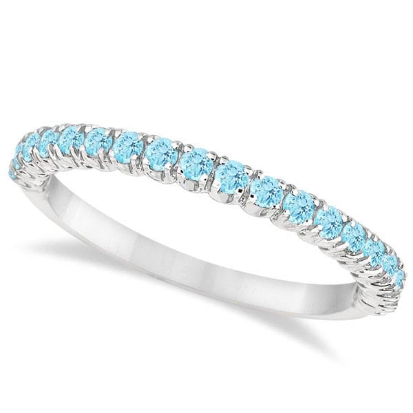 Half-Eternity Pave-Set Thin Aquamarine Stack Ring 14k White Gold 0.65ctw: CENTER STONE; Aquamarine CENTER STONE CLARITY; CENTER STONE COLOR; Blue CENTER STONE SETTING; Pave SIDE STONE CLARITY; SIDE STONE COLOR; SIDE STONE SETTING; ctw OF SIDE STONE: SIDE STONE QUALITY; 