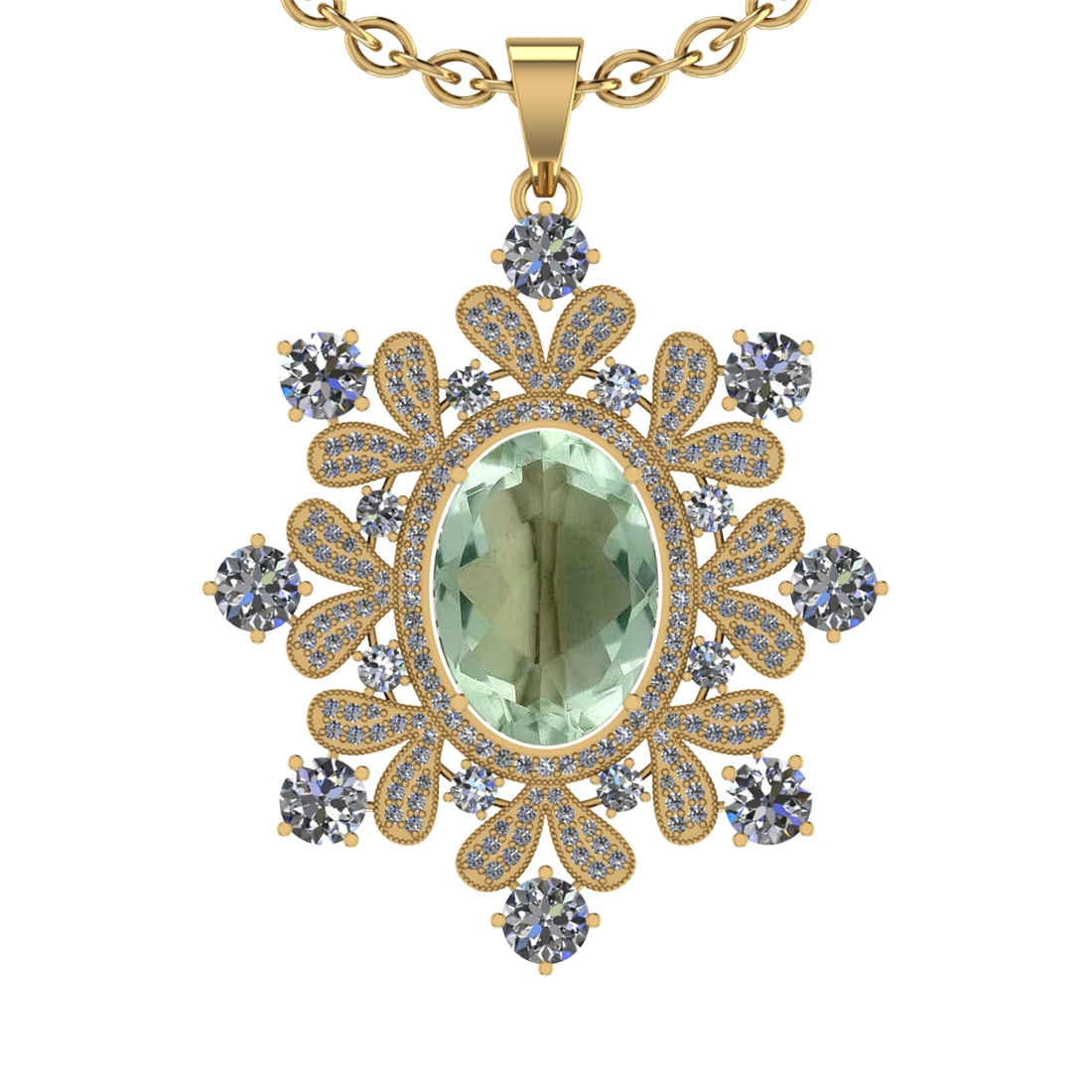 21.58 Ctw SI2/I1Green Amethyst And Diamond 14K Yellow Gold Pendant Necklace: Center Stone Weight : 15.49 Ctw ( Oval Cut ) Center Stone Color : Green Amethyst Stone Setting : Prong Side Diamond Weight Of Ctw 6.09 Ctw Side Stone Color : J-K Stone Clarity : SI2/I1 Stone Setting