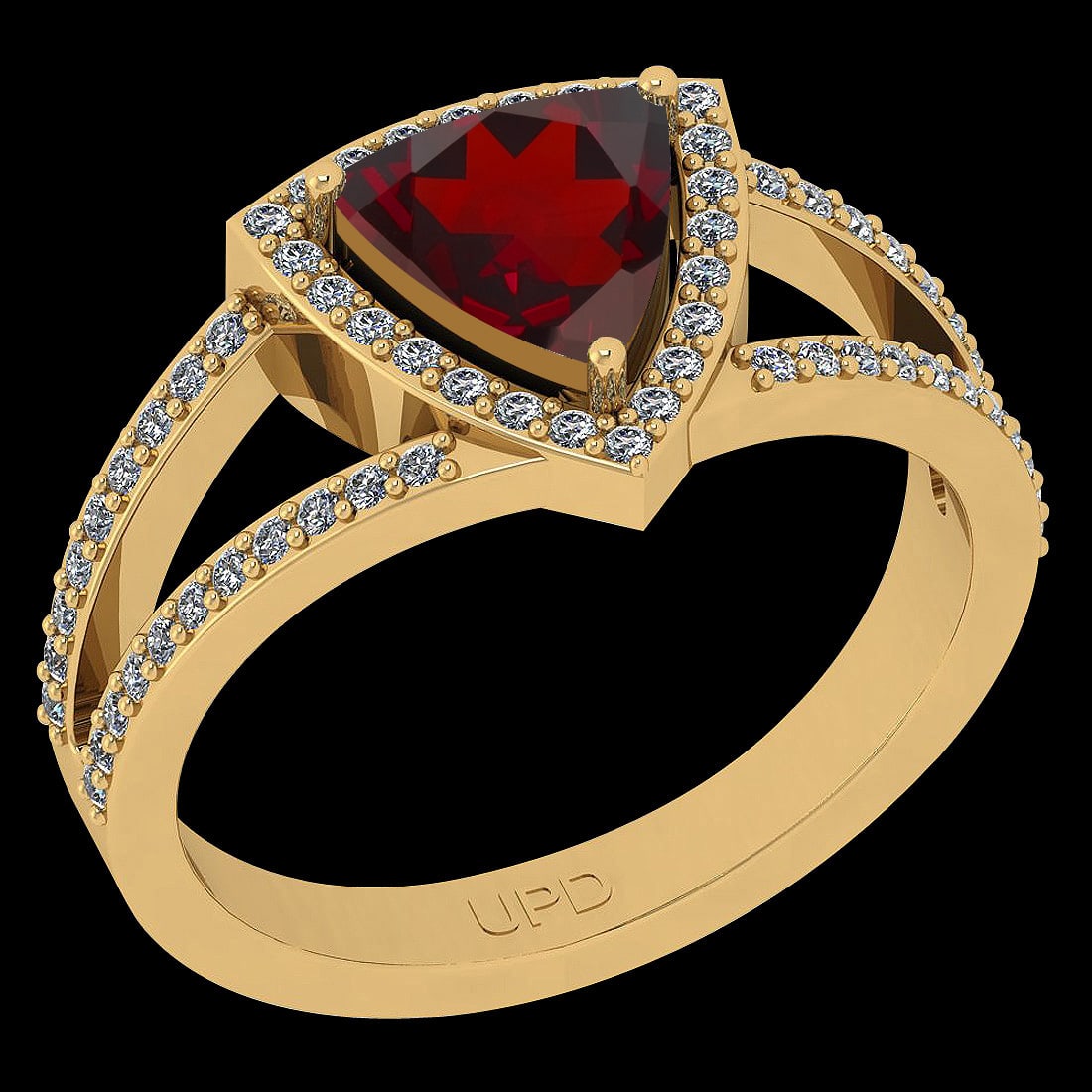 Certified 1.76 Ctw I2/I3 Garnet And Diamond 10K Yellow Gold Vintage Style E: Center Stone Approx Weight: 1.46 Ctw (Trillion Cut) Center Stone Color: Garnet Center Stone Setting: Prong Side Stone 0.30 Ctw Side Stone Color: J-K Stone Clarity: I2/I3 Stone Setting: Prong Metal