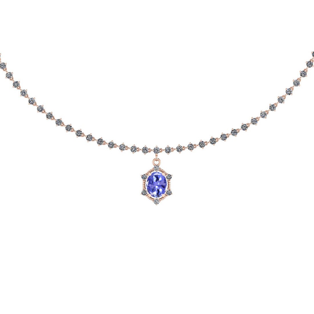 Certified 7.95 Ctw Tanzanite And Diamond SI2/I1 14K Rose Gold Pendant Neckl: Center Stone Approx Weight: 2.00 Ct (1 Pcs Oval Cut) Center Stone Color: Tanzanite Center Stone Setting: Prong Side Stone 5.95 Ctw Side Stone Color: G-H Stone Clarity : SI2/I1 Stone Setting: Prong