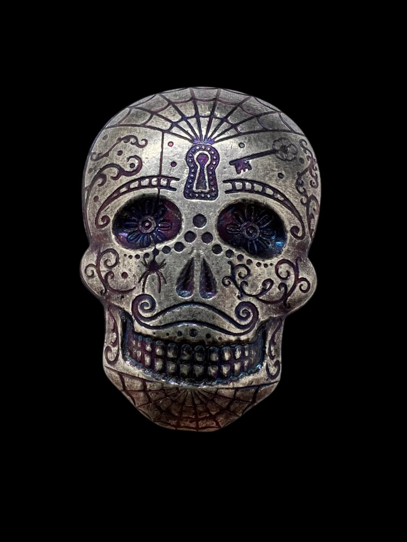 2 oz Hand-Poured Silver Sugar Skull - Day of the Dead : Spiderweb: 2 oz Hand-Poured Silver Sugar Skull - Day of the Dead : Spiderweb #PAPPS65150v15