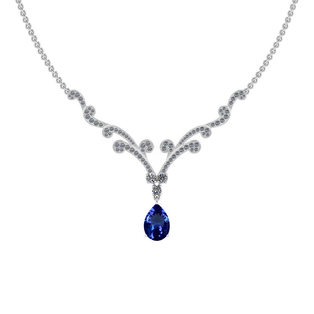 Certified 7.70 Ctw VS/SI1 Tanzanite And Diamond 14K White Gold Necklace: Center Stone Approx Weight: 5.83 Ctw (Pear Cut) Center Stone Color: Tanzanite Center Stone Setting: Prong Side Stone 1.87 Ctw Side Stone Color: J-K Stone Clarity: VS/SI1 Stone Setting: Prong Metal