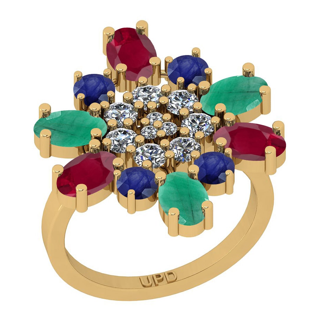 4.03 Ctw SI2/SI1 Multi Stone And Diamond 14K Yellow Gold Cocktail Engagemen: Multi Stone Weight : 3.40 Ctw ( Oval & Round Cut) Multi Stone Color :-Emerald,Ruby,Blue Sapphire Multi Stone Setting : Prong Side Stone Weight Of Ctw 0.63 Ctw Side Stone Color : G-H Stone Clarity : SI