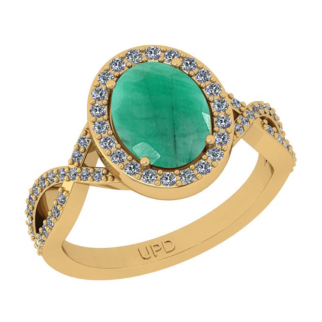 2.91 Ctw SI2/I1 Emerald And Diamond 14K Yellow Gold Engagement Ring: Center Stone Weight : 2.50 Ctw ( Oval Cut) Center Stone Color :-Emerald Stone Setting : Prong Side Stone Weight Of Ctw 0.41 Ctw Side Stone Color : J-K Stone Clarity : SI2/I1 Stone Setting : Prong Meta