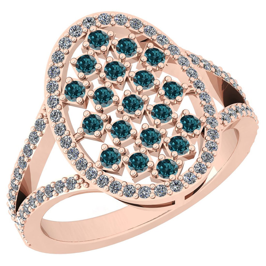 Certified 0.97 Ctw I2/I3 Treated Fancy Blue And White Diamond 14K Rose Gold: Center Approx Weight: 0.47 Ctw (Round Cut) Center Diamond Color: Treated Fancy Blue Diamond Center Clarity: I2/I3 Center Setting: Prong Side Stone: 0.50 ctw Side Stone Color: J-K Side Stone Setting: P