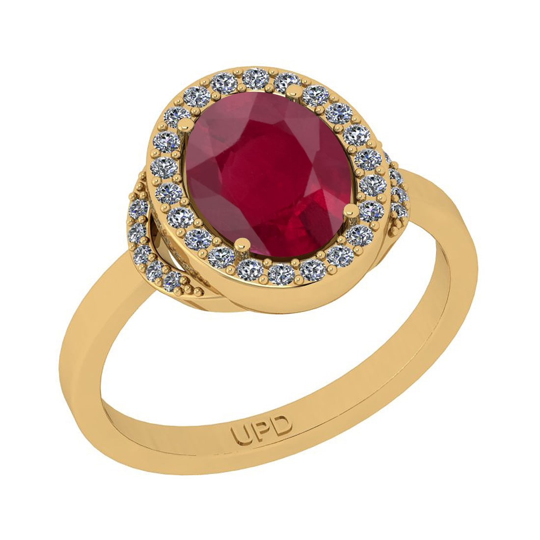 2.27 Ctw SI2/I1Ruby And Diamond 14K Yellow Gold Engagement Halo Ring: Center Stone Weight : 2.00 Ctw ( Oval Cut) Center Stone Color :-Ruby Stone Setting : Prong Side Stone Weight Of Ctw 0.27 Ctw Side Stone Color : J-K Stone Clarity : SI2/I1 Stone Setting : Prong Metal W
