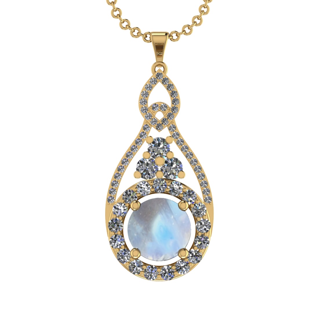 10.68 Ctw SI2/I1Rainbow Moonstone And Diamond 14K Yellow Gold Pendant Neckl: Center Stone Weight : 8.08 Ctw ( Round Cab ) Center Stone Color : Rainbow Moonstone Stone Setting : Prong Side Diamond Weight Of Ctw 2.60 Ctw Side Stone Color : J-K Stone Clarity : SI2/I1 Stone Settin