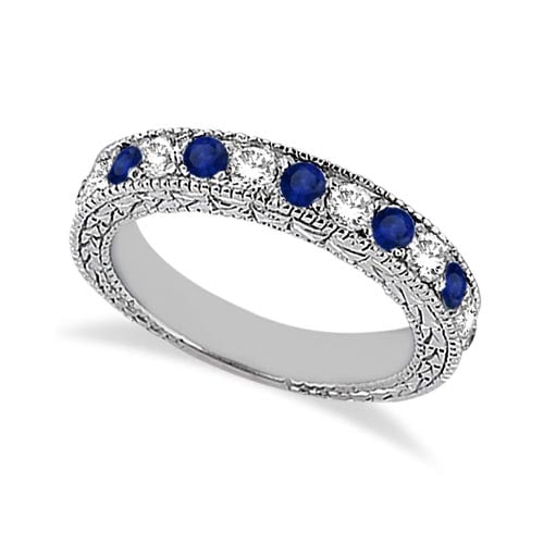 Antique style Diamond and Blue Sapphire Wedding Ring Platinum 1.05ctw: CENTER STONE; Sapphire,Diamond CENTER STONE CLARITY; Eye Clean#SI1-SI2 CENTER STONE COLOR; Blue,J-K CENTER STONE SETTING; Pave,Pave SIDE STONE CLARITY; SIDE STONE COLOR; SIDE STONE SETTING; ctw OF SID