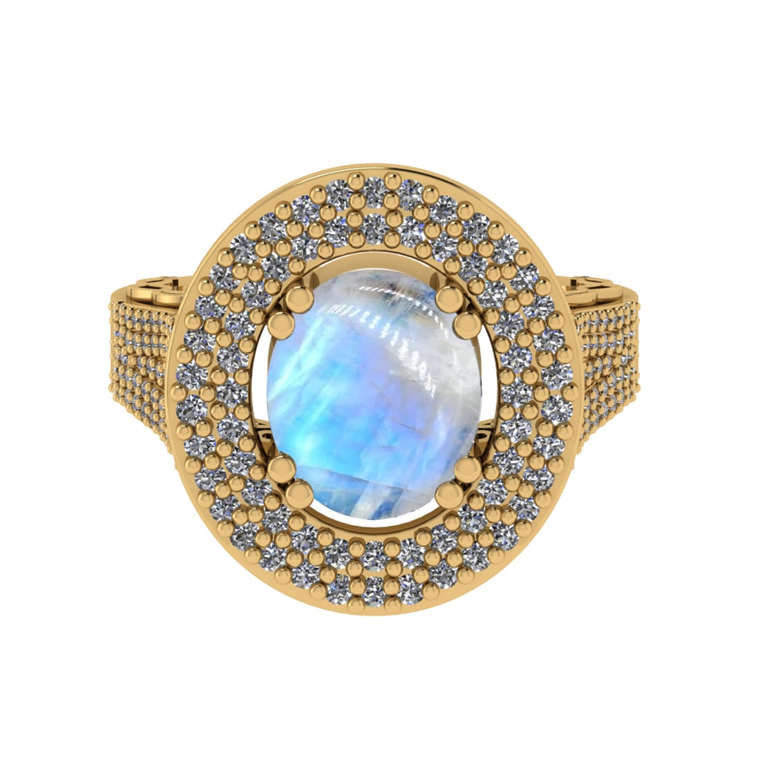 8.33 Ctw SI2/I1Rainbow Moonstone And Diamond 14K Yellow Gold Engagement Rin: Center Stone Weight : 7.46 Ctw ( Round Cab ) Center Stone Color : Rainbow Moonstone Stone Setting : Prong Side Diamond Weight Of Ctw 0.87 Ctw Side Stone Color : J-K Stone Clarity : SI2/I1 Stone Settin
