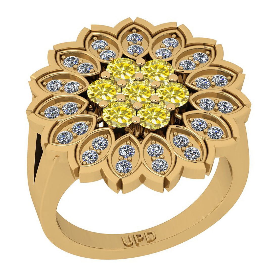 0.94 Ctw i2/i3 Treated Fancy Yellow and White Diamond 14K Yellow Gold Flowe: Color Stone Weight : 0.70 Ctw ( Round cut) Center Stone Color : Treated Fancy Yellow Diamond Center Clarity : i2/i3 Center Stone Setting : Prong Side Stone Weight Of Ctw 0.24 Ctw Side Stone Color : J-