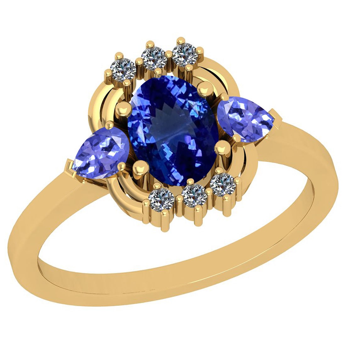 2.08 Ctw VS/SI1 Tanzanite And Diamond 18K Yellow Gold Ring: Center Stone Weight : 2.00 Ctw (Oval & Pear Cut) Center Stone Color :- Tanzanite Center Stone Setting : Prong Side Stone Weight Of Ctw 0.08 Ctw Side Stone Color : G-H Stone Clarity : VS/SI1 Stone Sett