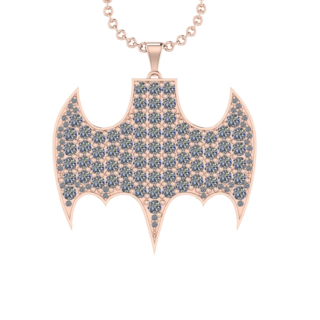 7.52 Ctw SI2/I1 Diamond Style Prong Set 14K Rose Gold Batman Pendant Neckla: Total Diamond Weight : 7.52 Ctw (Round Cut) Center Diamond Color :- J-K Center Clarity : SI2/I1 Stone Setting : Prong Metal Weight : Approx 11.80 Gram 14K Rose Gold Batman Pendant Necklace