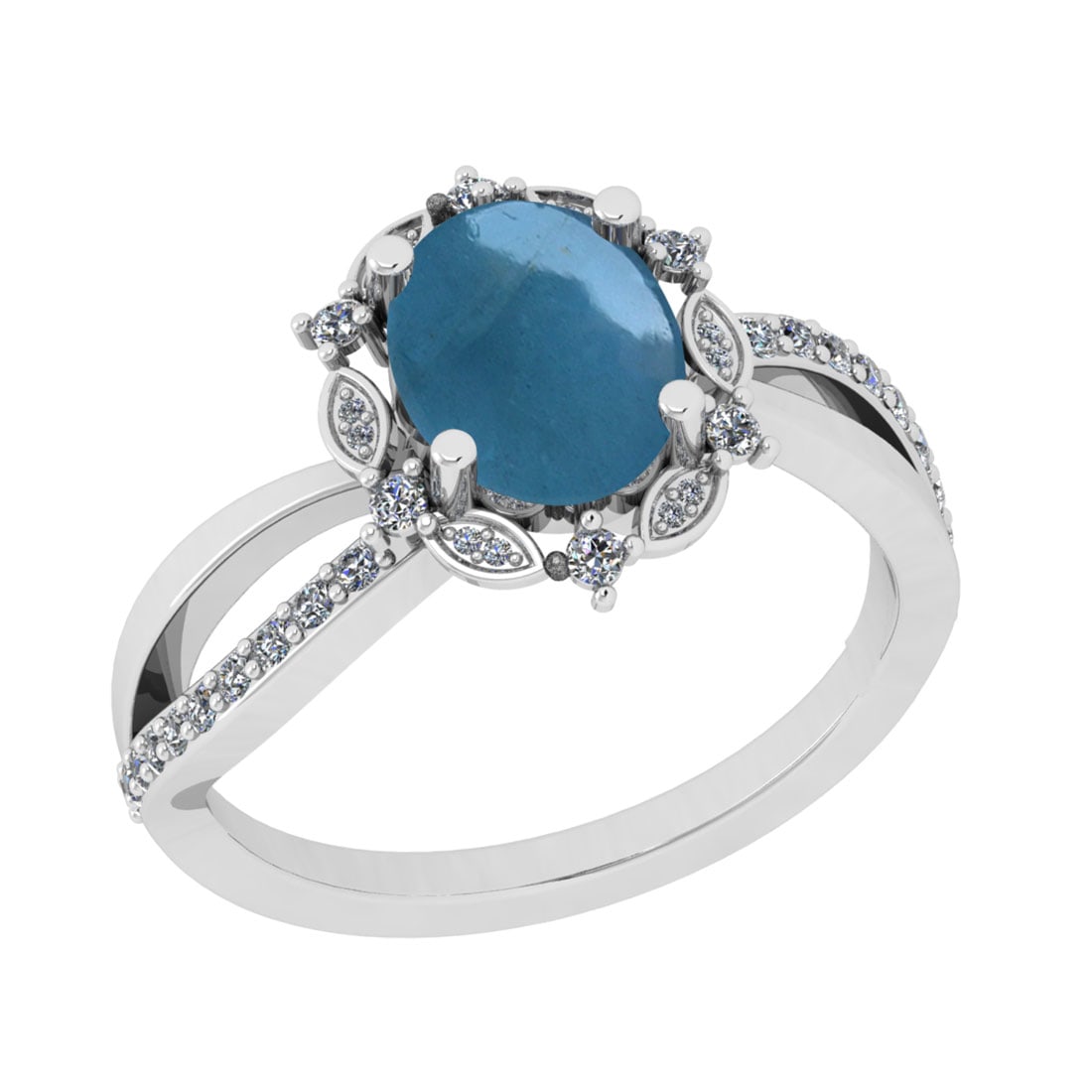 2.55 Ctw SI2/I1 Aquamarine And Diamond 14K White Gold Engagement Ring: Color Stone Weight : 2.29 Ctw (Oval Cabochon ) Center Stone Color : Aquamarine Center Stone Setting : Prong Side Stone Weight Of Ctw 0.26 Ctw Side Stone Color : J-K Stone Clarity : SI2/I1 Stone