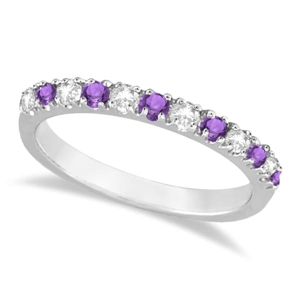 Diamond and Amethyst Ring Guard Stackable Band 14k White Gold 0.32ctw: CENTER STONE; Amethyst CENTER STONE CLARITY; CENTER STONE COLOR; Purple CENTER STONE SETTING; Prong SIDE STONE CLARITY; SI SIDE STONE COLOR; J-K SIDE STONE SETTING; Prong ctw OF SIDE STONE: 0.12 SIDE