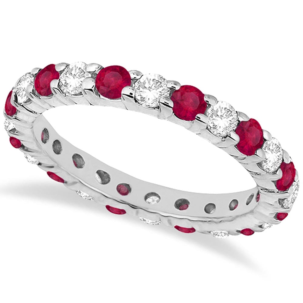 Eternity Diamond and Ruby Ring Band 14k White Gold 2.35ctw: CENTER STONE; Ruby CENTER STONE CLARITY; CENTER STONE COLOR; Red CENTER STONE SETTING; Prong SIDE STONE CLARITY; SI SIDE STONE COLOR; J-K SIDE STONE SETTING; Prong ctw OF SIDE STONE: 1 SIDE STONE QUAL
