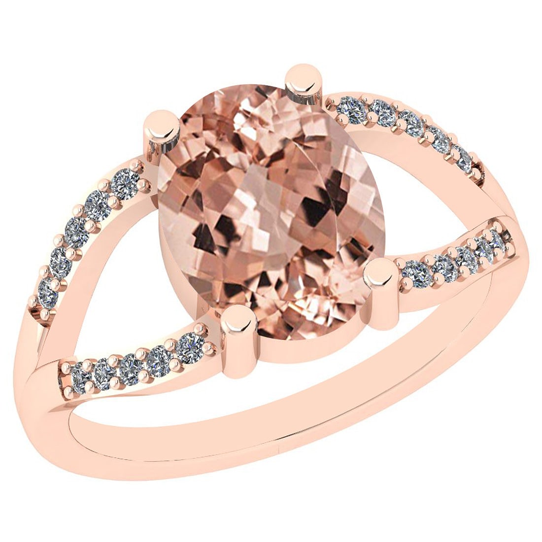 5.00 Ctw SI2/I1 Morganite And Diamond 14K Rose Gold Vintage Style Ring: Center Stone Weight : 4.80 Ctw ( Oval Cut ) Center Stone Color :-Morganite Center Stone Setting : Prong Side Stone Weight Of Ctw 0.20 Ctw Side Stone Color : H-I Stone Clarity : SI2/I1 Stone Setting :