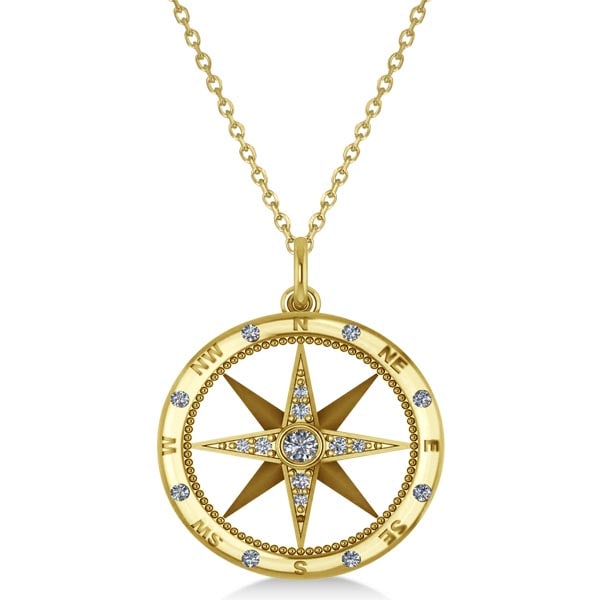 Compass Necklace Pendant Diamond Accented 14k Yellow Gold 0.19ctw (1 of 1)