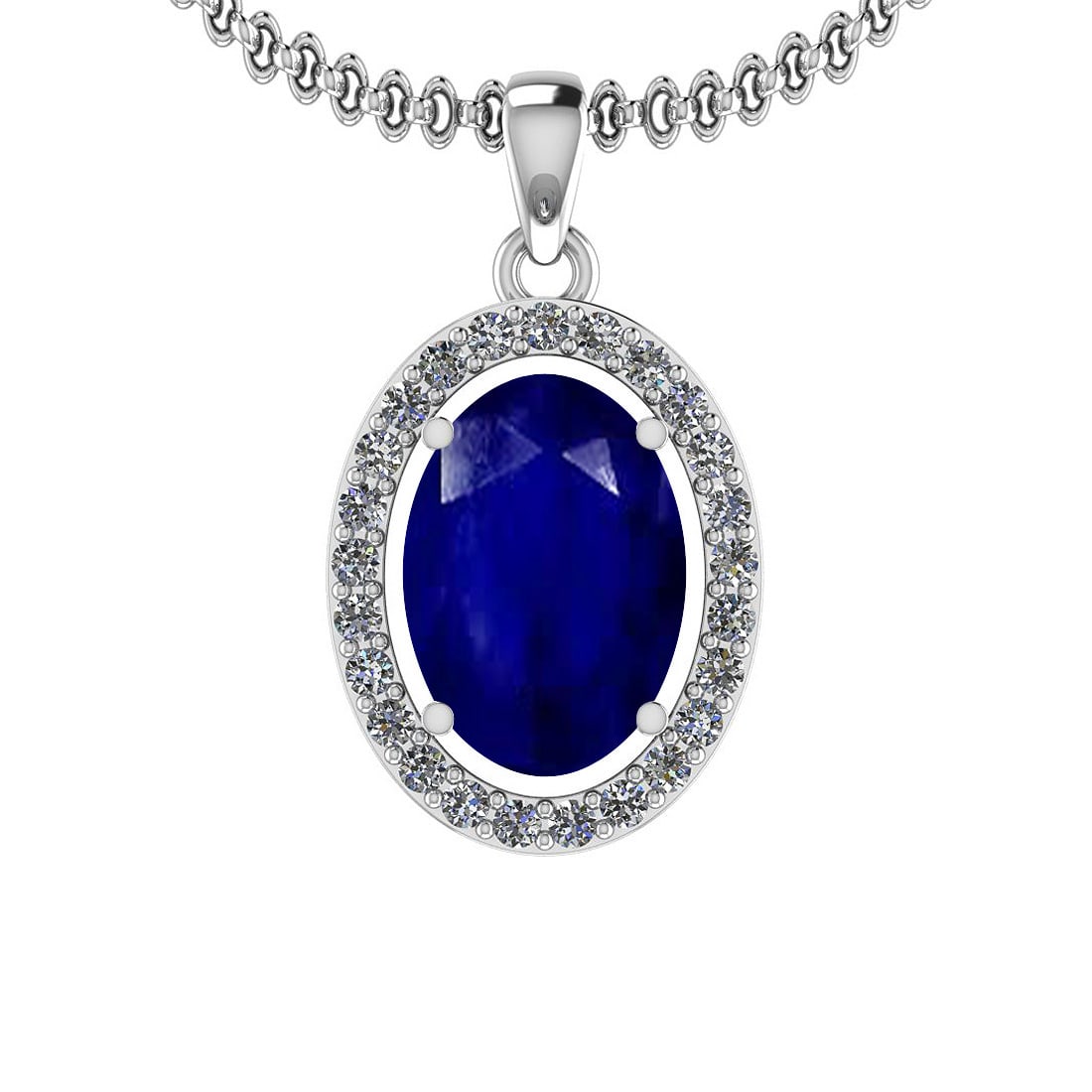 2.86 Ctw I2/I3 Blue Sapphire And Diamond 14K White Gold Pendant: Color Stone Weight : 2.50 Ctw (1 Psc Oval ) Center Stone Color : Blue Sapphire Center Stone Setting : Prong Side Stone Weight Of Ctw 0.36 Ctw Side Stone Color : J-K Stone Clarity : I2/I3 Stone Setting