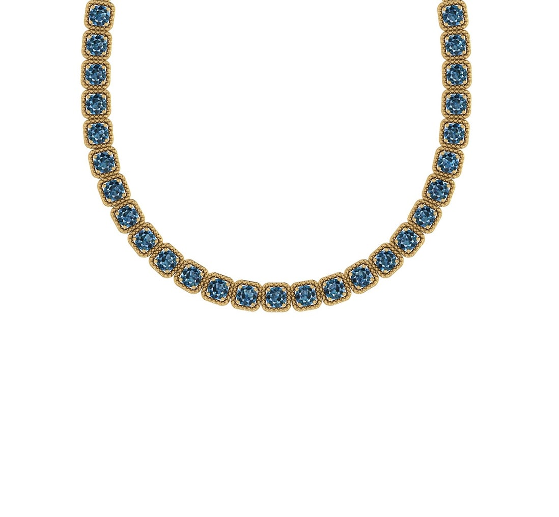 2.82 Ctw i2/i3 Treated Fancy Blue Diamond 14K Yellow Gold Necklace: Center Diamond Weight : 2.82 Ctw ( Round cut) Center Diamond Color : Treated Fancy Blue Dimaond Center Clarity : i2/i3 Center Stone Setting : Prong Metal Weight : Approx 20.00 Gram 14K Yellow Gold