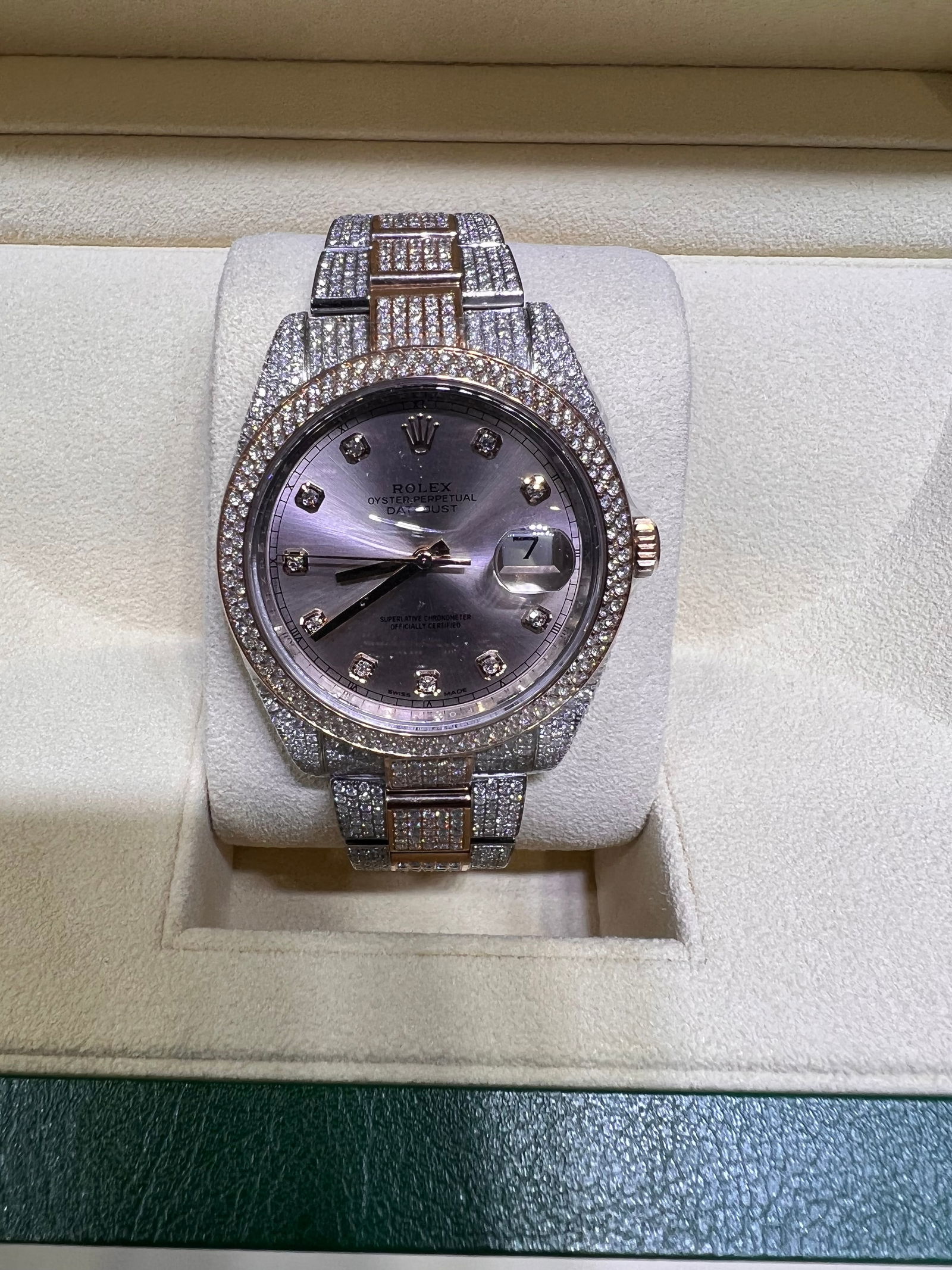 CUSTOM USED OYSTER PERPETUAL WITH FACTORY DIAL DIAMONDS: 41MM OYSTERPERPETUAL TWO TONE GOLD, FACTORY DIAL DIAMONDS, CUSTOM OUTSIDE DIAMONDS COMES WITH BOX AND PAPER #PAPPS77112v7