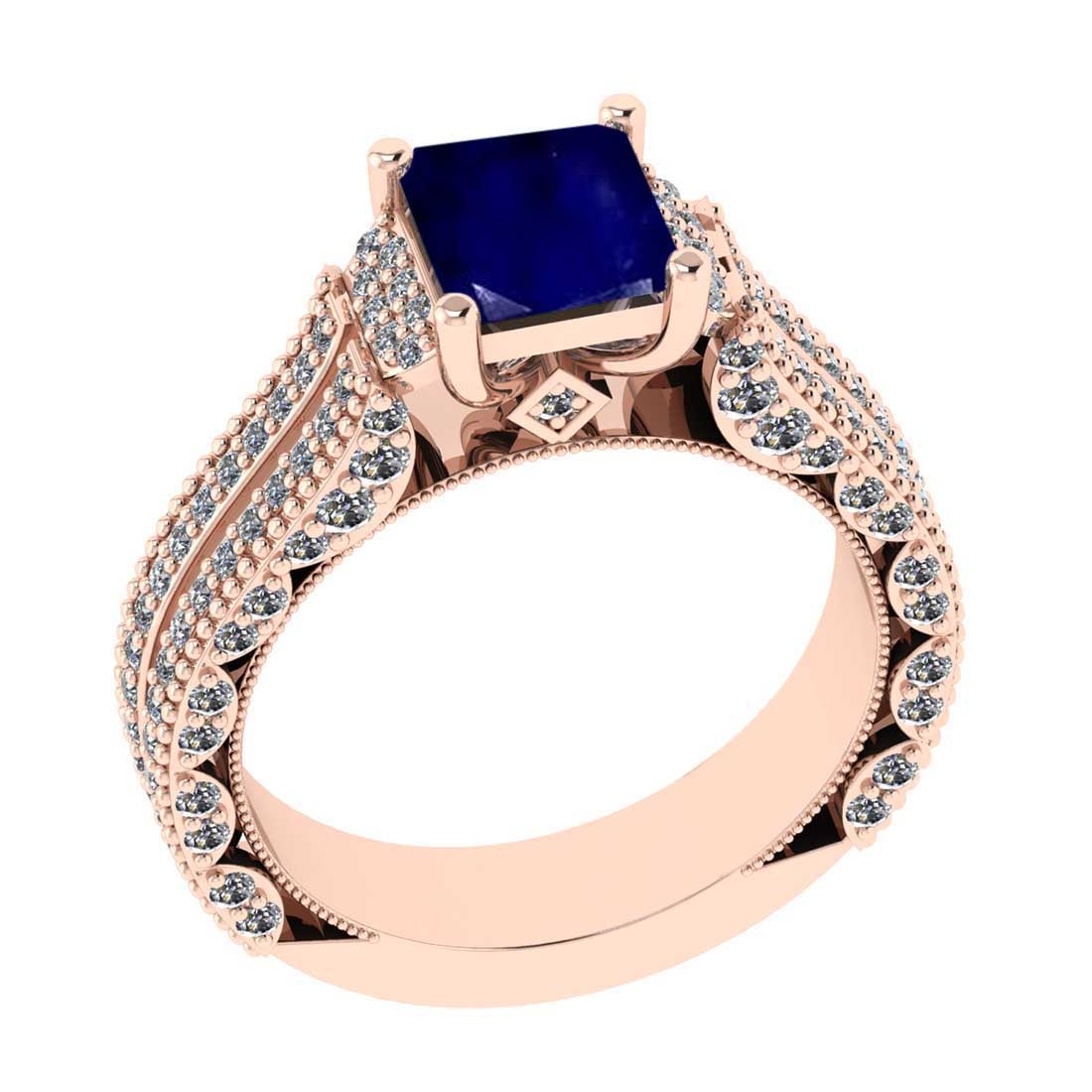 2.11 Ctw SI2/I1 Blue Sapphire and Diamond 14K Rose Gold Engagement Ring: Center Stone Weight : 1.25 Ctw ( Princess Cut) Center stone Color :-Blue Sapphire Setting : Prong Side Weight Of Ctw 0.86 Ctw Color : J-K Clarity : SI2/I1 Stone Setting : Prong Metal Weight : Approx 5