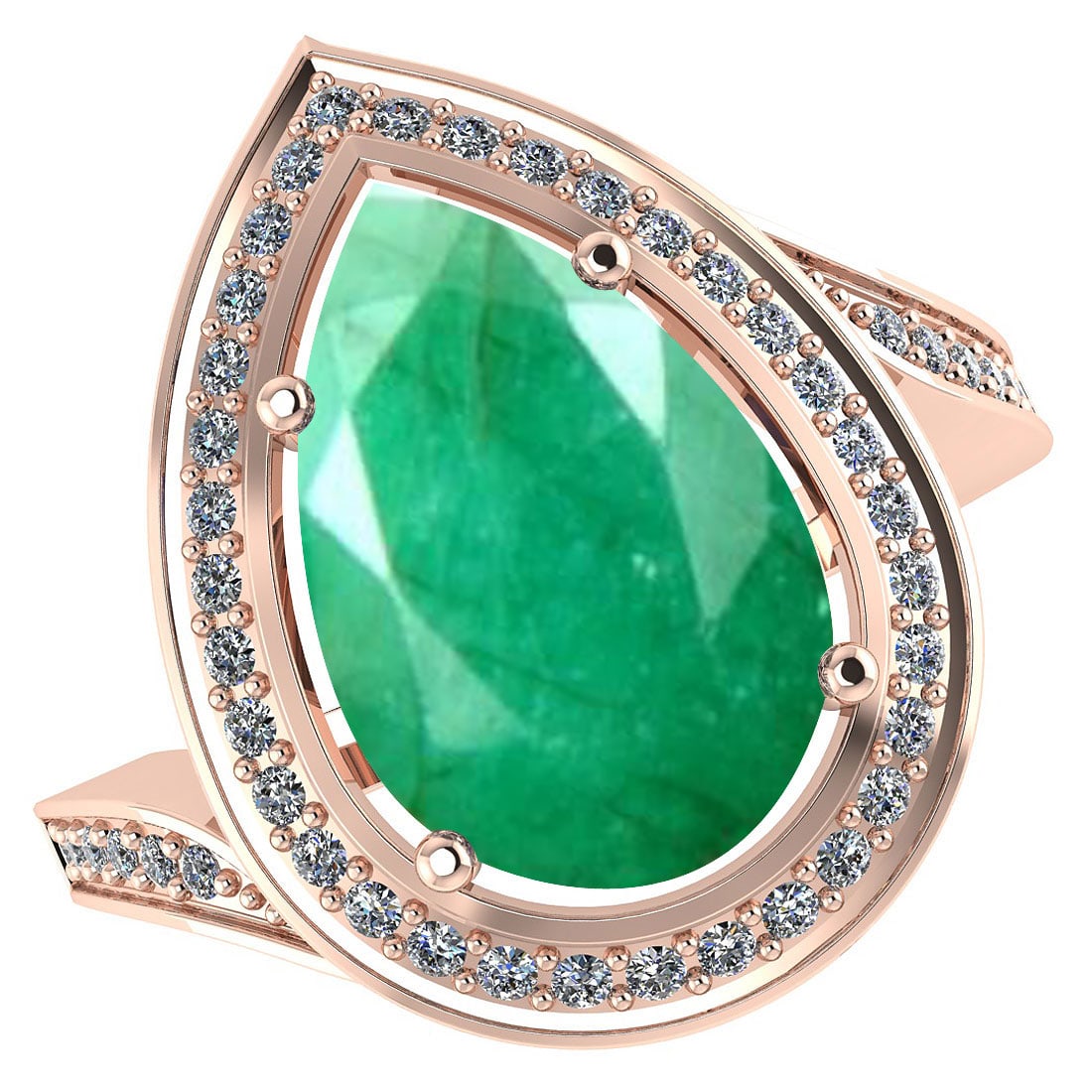 Certified 2.60 CTW Genuine Emerlad And Diamond 14K Rose Gold Ring: Center Stone 2.14 CTW Pear Center Stone Clarity:SI1-SI2 Center Stone Color: Genuine Emerlad Stone Setting ;Prong Side Stone Clarity;SI1-SI2 Side Stone Color ; White Diamond G-H Side Stone Setting ; Pa
