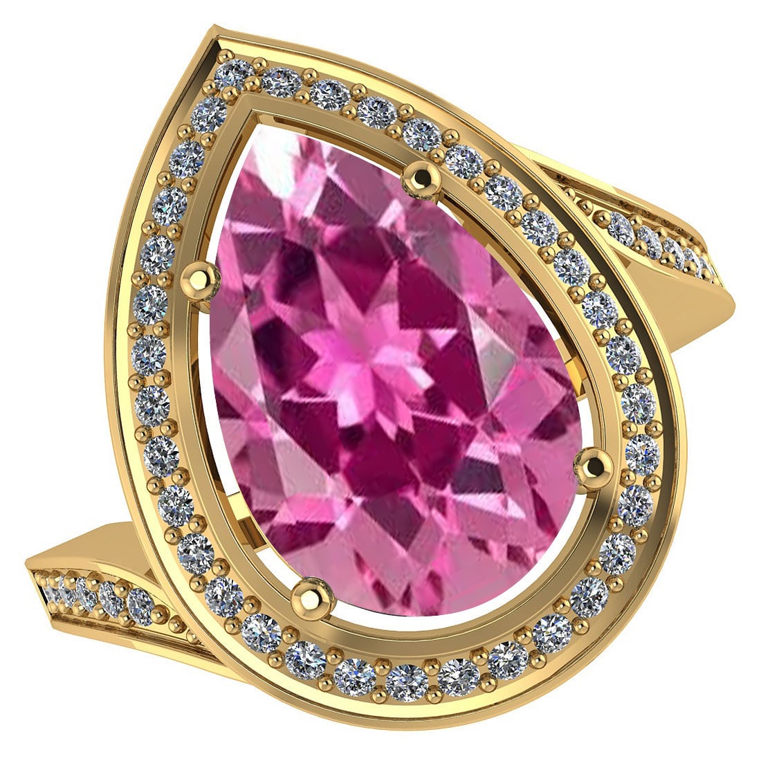 Certified 2.96 CTW Genuine Pink Tourmaline And Diamond 14K Yellow Gold Ring: Center Stone 2.50 CTW Pear Center Stone Clarity:SI1-SI2 Center Stone Color: Genuine Pink Tourmaline Stone Setting ;Prong Side Stone Clarity;SI1-SI2 Side Stone Color ; White Diamond G-H Side Stone Sett