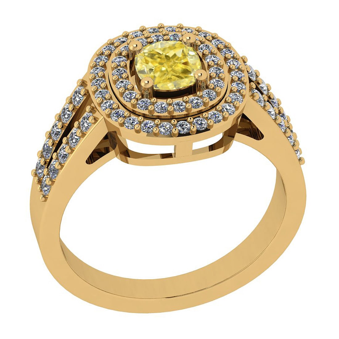 Certified 1.11 Ct GIA Certified Natural Fancy Yellow Diamond And White Diam: Center Stone Approx Weight: 0.71 Ctw (1psc Cushion Cut) GIA Certified Center Stone Color: Natural Fancy Yellow Diamond Center Stone Clarity: I1/I1 Stone Setting: Prong Side Stone Approx Weight: 0.40 c