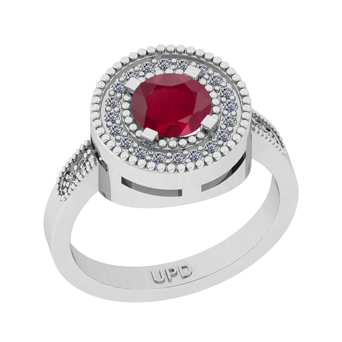 1.14 Ctw SI2/I1Ruby And Diamond 14K White Gold Engagement Halo Ring: Center Stone Weight : 1.00 Ctw ( Round Cut) Center Stone Color :-Ruby Stone Setting : Prong Side Stone Weight Of Ctw 0.14 Ctw Side Stone Color : J-K Stone Clarity : SI2/I1 Stone Setting : Prong Metal