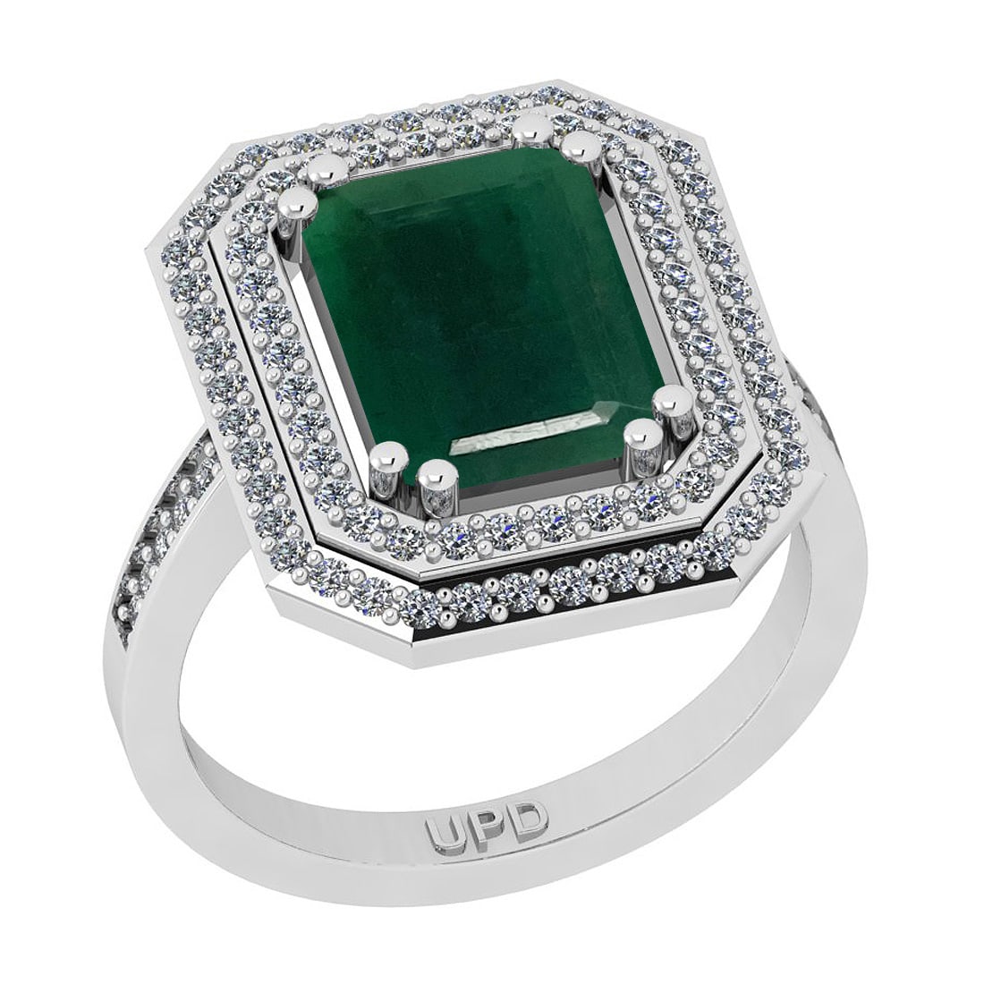 4.87 Ctw SI2/I1 Emerald And Diamond 14K White Gold Double Row Engagement Ha: Center Stone Weight : 4.36 Ctw ( Emerald Cut) Center Stone Color :-Emerald Stone Setting : Prong Side Stone Weight Of Ctw 0.51 Ctw Side Stone Color : J-K Stone Clarity : SI2/I1 Stone Setting : Prong