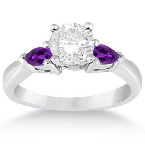 Pear Cut Three Stone Amethyst Engagement Ring 14k White Gold 1.50ctw: CENTER STONE 1.00 CTW ; DIAMOND CENTER STONE CLARITY; SI1-SI2 CENTER STONE COLOR; J-K CENTER STONE SETTING; SIDE STONE CLARITY; SIDE STONE COLOR; Purple SIDE STONE SETTING; Prong ctw OF SIDE STONE: 0.