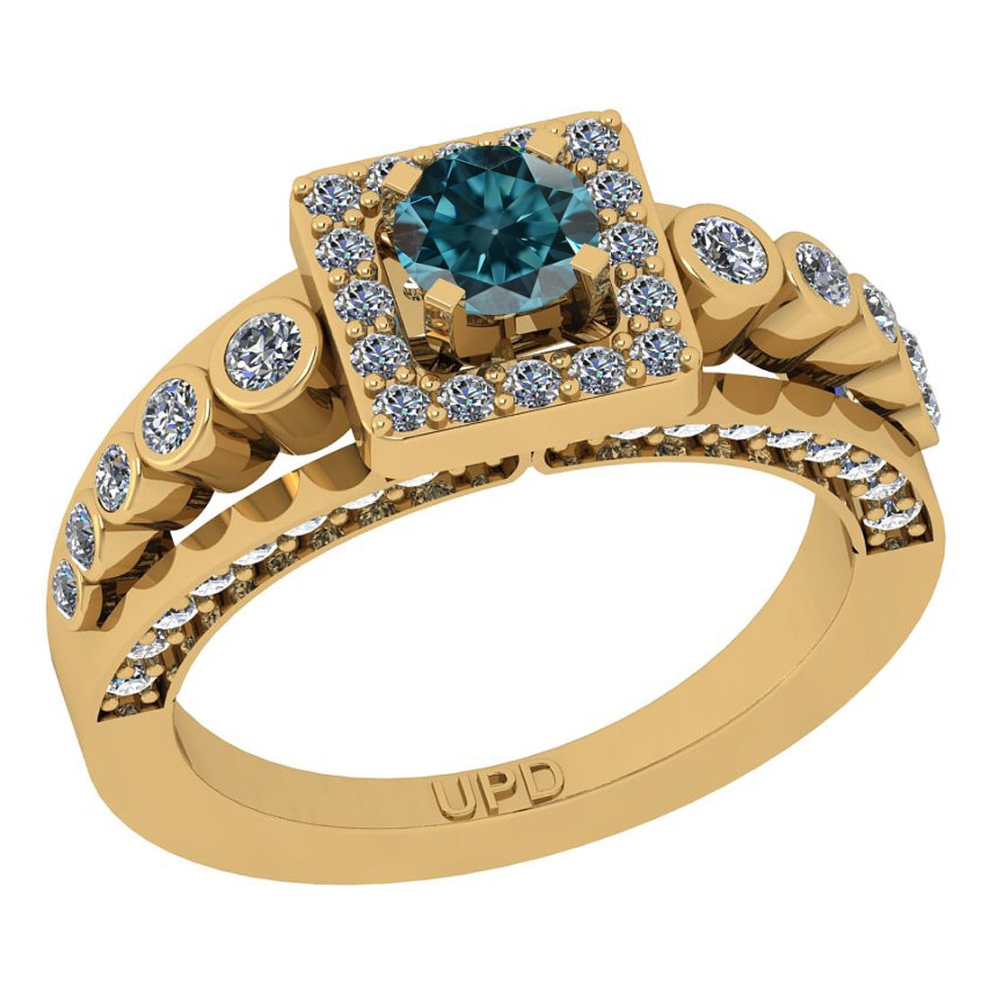 1.00 Ctw I2/I3 Treated Fancy Blue And White Diamond 10K Yellow Gold Anniver: Center Stone Weight : 0.30 Ctw (Round Cut ) Center Stone Color : Treated Fancy Blue Diamond Center Stone Clarity : I2/I3 Center Stone Setting : Prong Side Stone Weight Of Ctw 0.70 Ctw Side Stone Color