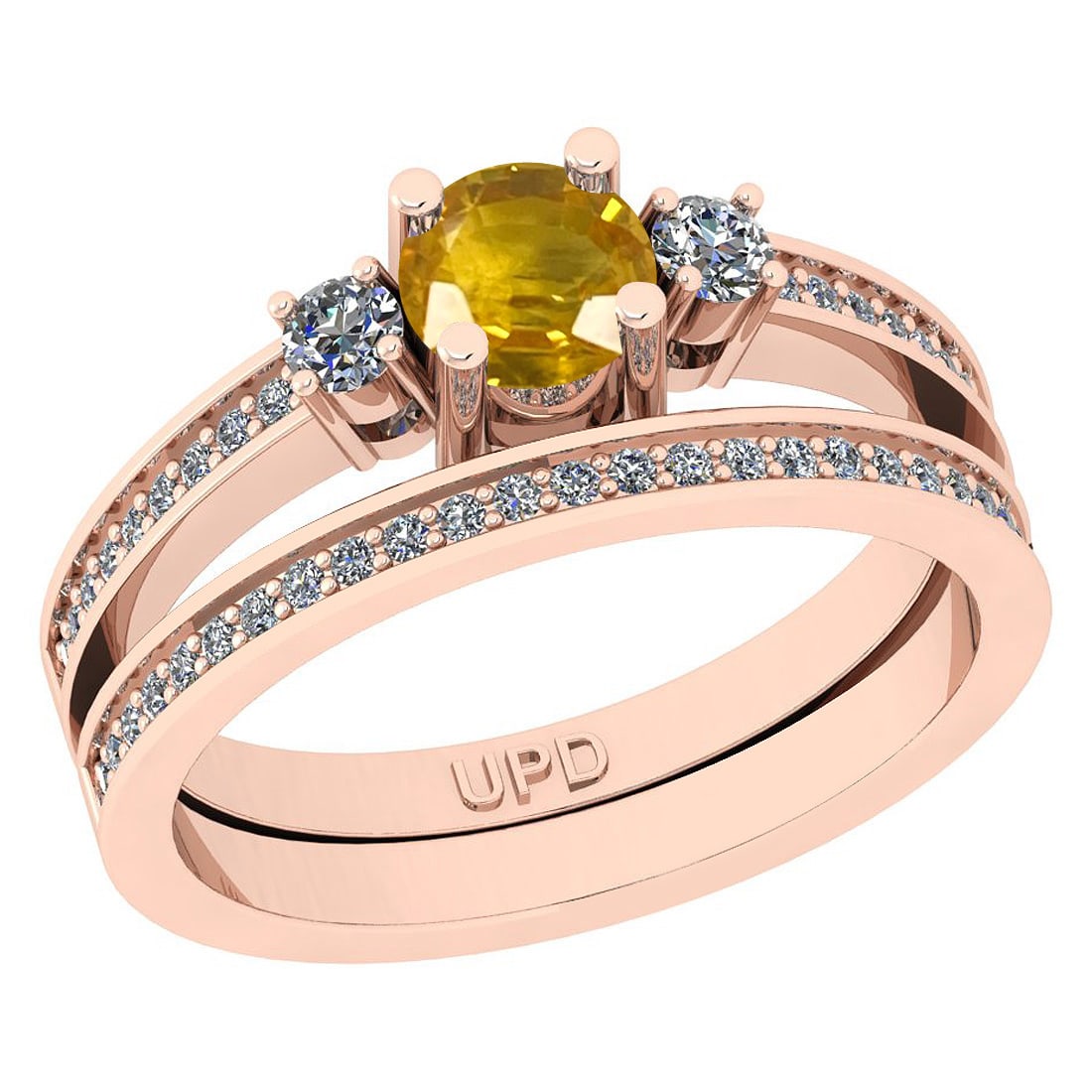 0.83 Ctw I2/I3 Yellow sapphire And Diamond 14K Rose Gold Wedding Set Ring: Center Stone Weight : 0.50 Ctw ( Round Cut) Center Stone Color :-Yellow sapphire Stone Setting : Prong Side Stone Weight Of Ctw 0.33 Ctw Side Stone Color : J-K Stone Clarity : I2/I3 Stone Setting :