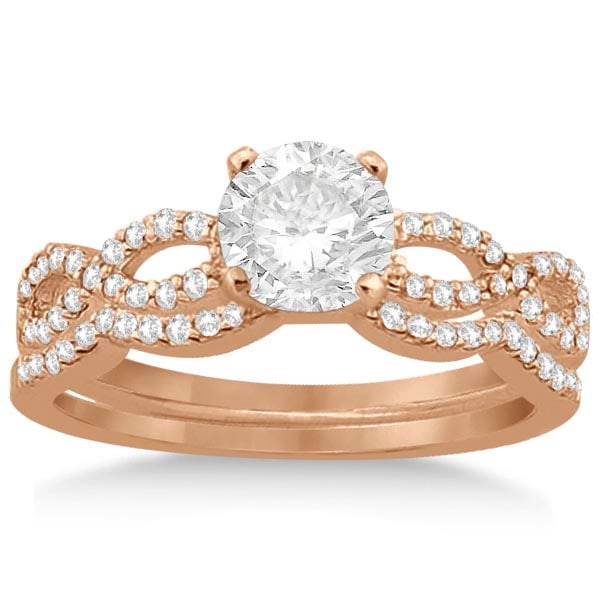 Infinity Twisted Diamond Matching Bridal Set in 18K Rose Gold 1.04 cttw: CENTER STONE; Diamond (0.70 CTTW) CENTER STONE CLARITY; SI1-SI2 CENTER STONE COLOR; J-K CENTER STONE SETTING; Micro Pave SIDE STONE CLARITY; SIDE STONE COLOR; SIDE STONE SETTING; ctw OF SIDE STONE: SI
