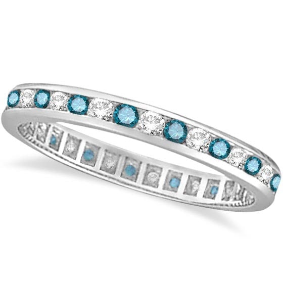 Blue and White Diamond Channel Set Eternity Ring Band 14k Gold 1.00ctw: CENTER STONE; Diamond CENTER STONE CLARITY; SI CENTER STONE COLOR; Blue CENTER STONE SETTING; Channel SIDE STONE CLARITY; SI SIDE STONE COLOR; J-K SIDE STONE SETTING; Channel ctw OF SIDE STONE: 0.5 SI