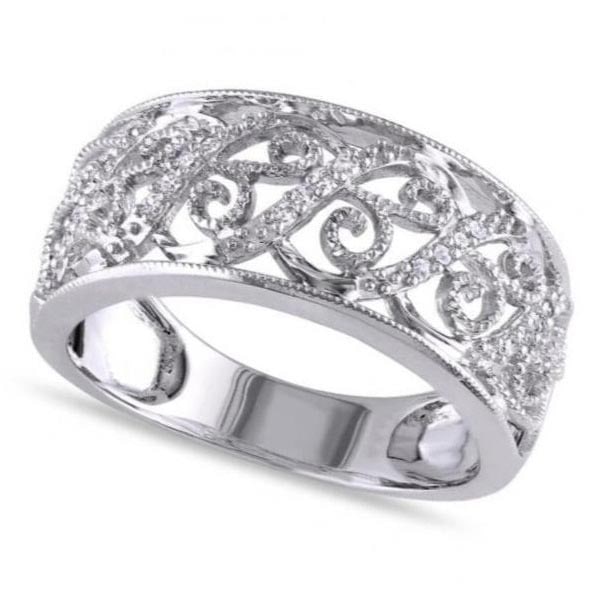 Ladies Pave Set Filigree Diamond Ring 14k White Gold 0.10ctw: CENTER STONE; Diamond CENTER STONE CLARITY; SI1-SI2 CENTER STONE COLOR; J-K CENTER STONE SETTING; Pave SIDE STONE CLARITY; SIDE STONE COLOR; SIDE STONE SETTING; ctw OF SIDE STONE: SIDE STONE QUALITY;