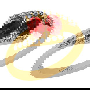 1.18 Ctw I2/I3 Red Sapphire And Diamond 14K Yellow Gold Ring: Center Stone Weight : 1.00 Ctw (Oval Cut ) Center Stone Color : Red Sapphire Center Stone Setting : Prong Side Stone Weight Of Ctw 0.18 Ctw Side Stone Color : J-K Stone Clarity : I2/I3 Stone Setting