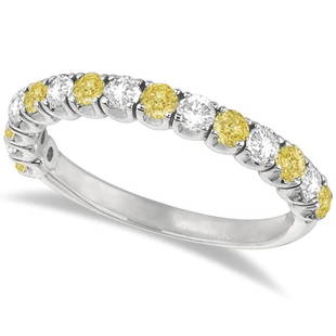 Yellow Canary and White Diamond Anniversary Band 14k White Gold 1.00ctw: CENTER STONE; Diamond CENTER STONE CLARITY; SI CENTER STONE COLOR; Yellow CENTER STONE SETTING; Prong SIDE STONE CLARITY; SI SIDE STONE COLOR; J-K SIDE STONE SETTING; Prong ctw OF SIDE STONE: 0.47