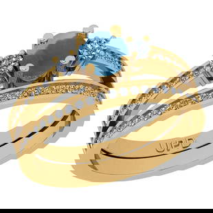 2.50 Ctw I2/I3 Aquamarine And Diamond 14K Yellow Gold Wedding Set Ring: Center Stone Weight : 2.20 Ctw ( Round Cab) Center Stone Color :-Aquamarine Stone Setting : Prong Side Stone Weight Of Ctw 0.30 Ctw Side Stone Color : J-K Stone Clarity : I2/I3 Stone Setting : Prong