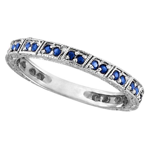 Blue Sapphire Stackable Anniversary Band in 14k White Gold: CENTER STONE; Sapphire CENTER STONE CLARITY; CENTER STONE COLOR; Blue CENTER STONE SETTING; Prong SIDE STONE CLARITY; SIDE STONE COLOR; SIDE STONE SETTING; ctw OF SIDE STONE: SIDE STONE QUALITY; #PAPP