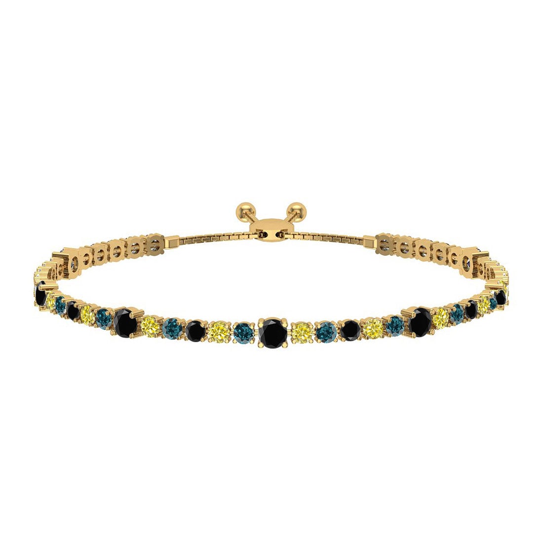 1.64 Ctw I2/I3 Multi Diamond14K Yellow Gold Slide Bracelet: Center Diamond Weight : 1.64 Ctw (Round Cut) Center Diamond Color :- Treated Fancy Blue black yellow diamond Center Clarity : I2/I3 Stone Setting : Prong Metal Weight : Approx 7.50 Gram 14K Yellow