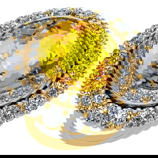 20.91 Ctw I2/I3 Lemon Topaz And Diamond 14k Yellow Gold Engagement Halo Rin: Center Stone Weight : 18.15 Ctw (1 Psc Oval Cut ) Center Stone Color : Lemon Topaz Center Stone Setting : Prong Side Stone Weight Of Ctw 2.76 Ctw Side Stone Color : J-K Stone Clarity : I2/I3 Stone
