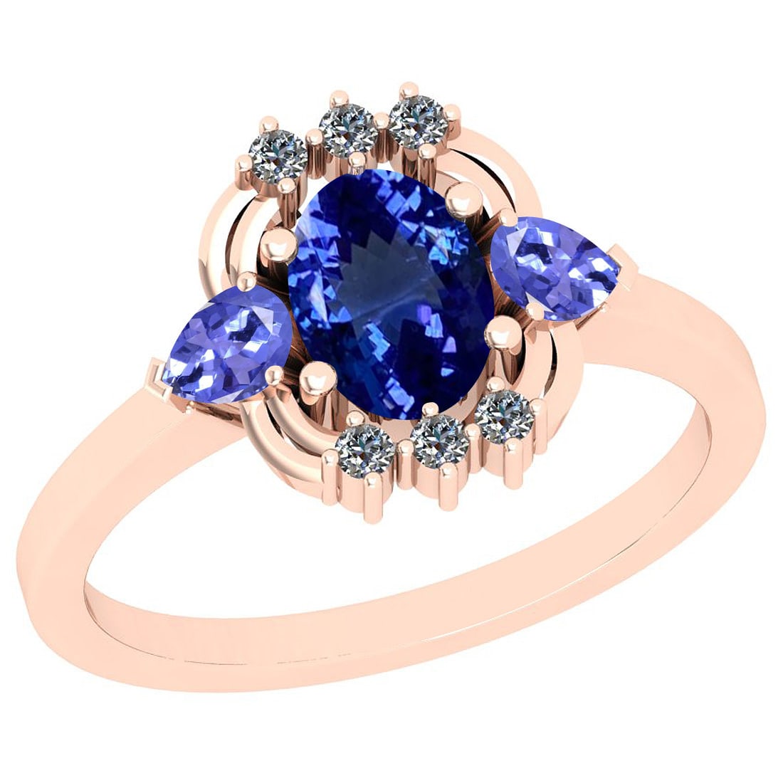 2.08 Ctw VS/SI1 Tanzanite And Diamond 18K Rose Gold Ring: Center Stone Weight : 2.00 Ctw (Oval & Pear Cut) Center Stone Color :- Tanzanite Center Stone Setting : Prong Side Stone Weight Of Ctw 0.08 Ctw Side Stone Color : G-H Stone Clarity : VS/SI1 Stone