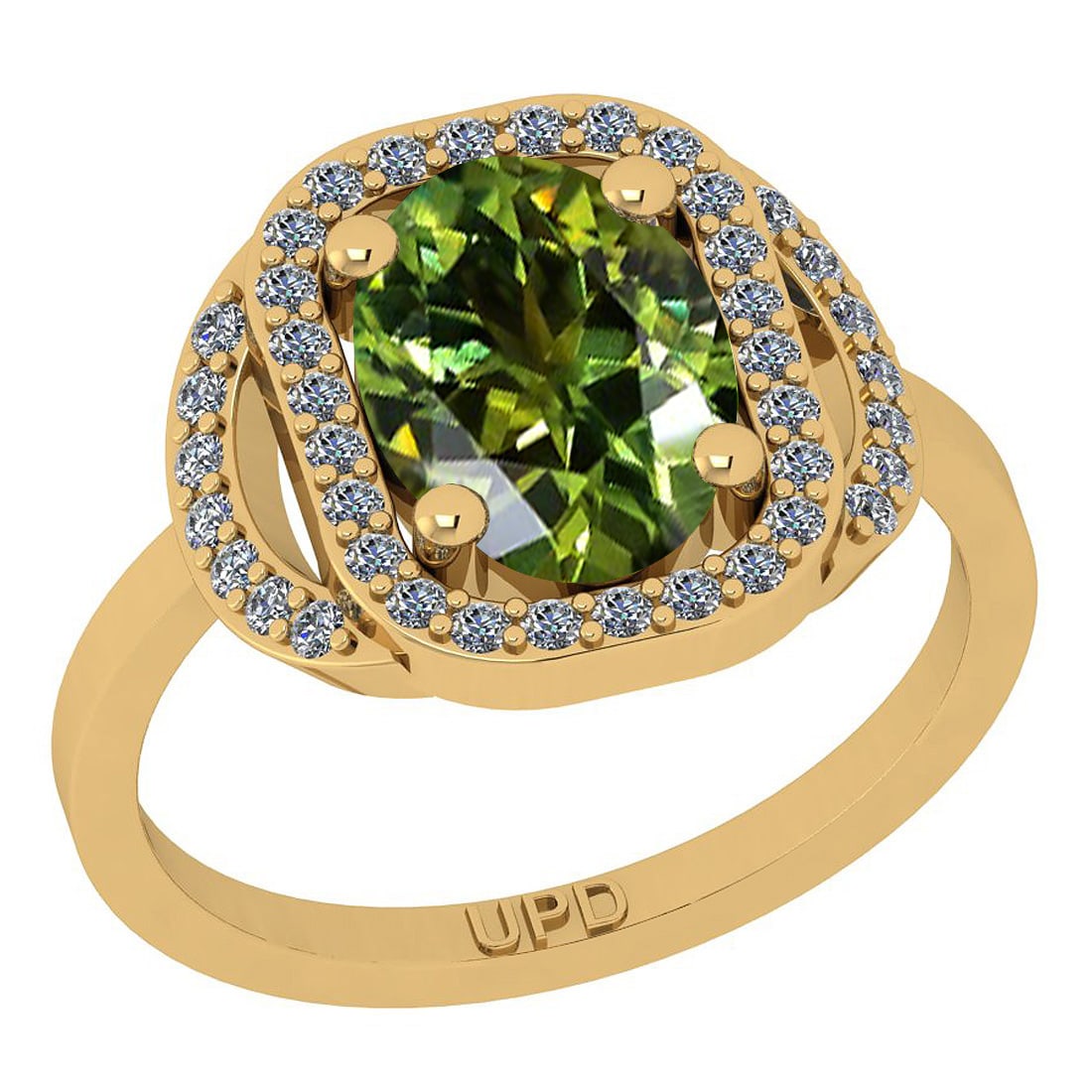 1.75 Ctw I2/I3 Green Sapphire And Diamond 10K Yellow Gold Engagement Ring: Center Stone Weight : 1.50 Ctw ( Oval Cut) Center Stone Color :-Green Sapphire Stone Setting : Prong Side Stone Weight Of Ctw 0.25 Ctw Side Stone Color : J-K Stone Clarity : I2/I3 Stone Setting : Pron