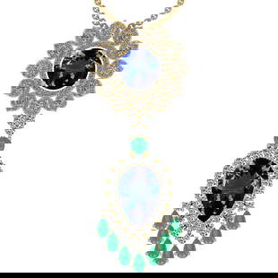 Certified 15.49 Ctw VS/SI1 Tanzanite,Emerald And Diamond 14K Yellow Gold Vi: Center Stone Approx Weight: 10.57 Ctw (Pear& Round Cut ) Center Stone Color: Tanzanite Center Stone Setting: Prong Color Stone Weight: 2.00 ctw stone Color: Emerald Setting: Prong Side Stone 2.92 Ctw